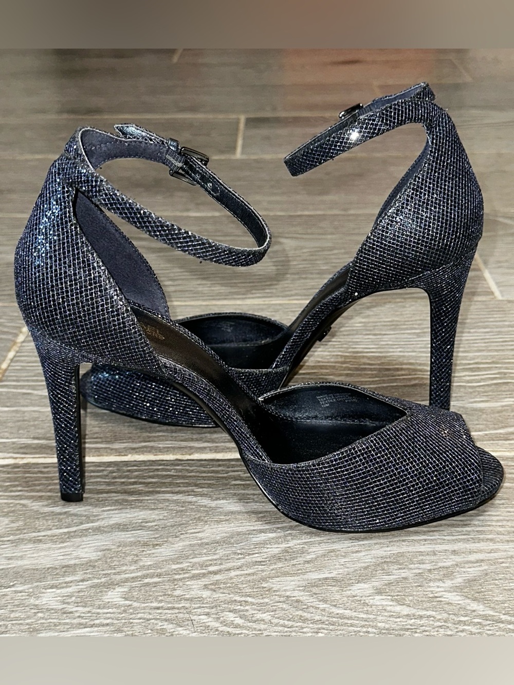 Michael Kors Cambria Open Toe Ankle Strap Metallic Heels Navy Womens 10M Glitter - Picture 3 of 10